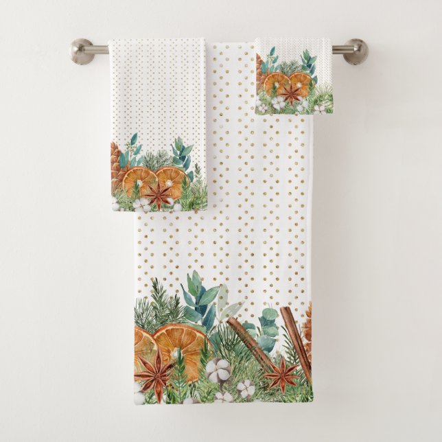 Christmas Winter Orange Pine Watercolor    Bath Towel Set (Insitu)