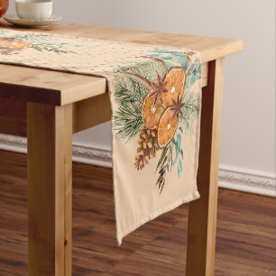 Christmas Winter Orange Pine Watercolor Short Table Runner