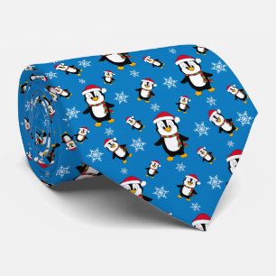Christmas Winter Penguin on Custom Blue Background Neck Tie
