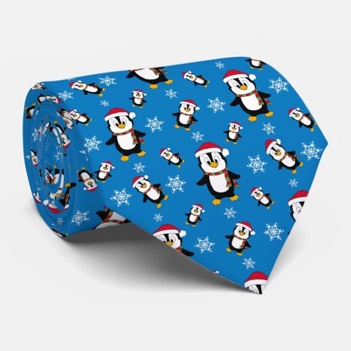 Christmas Winter Penguin on Custom Blue Background Neck Tie