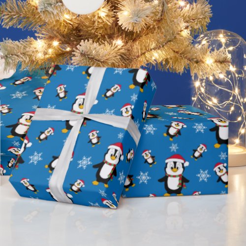 Christmas Winter Penguin on Custom Blue Background Wrapping Paper