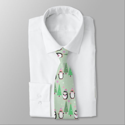 Christmas winter penguins neck tie