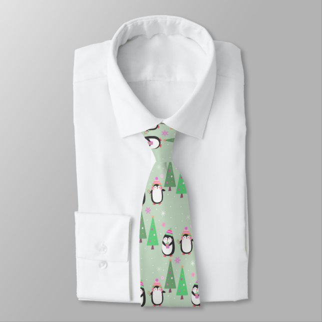 Christmas winter penguins neck tie (Tied)