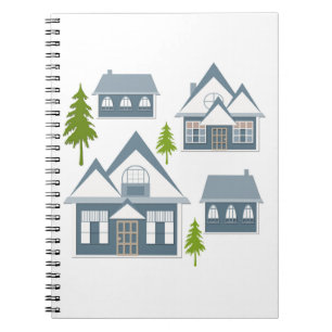 Christmas winter picture gray houses green trees w notebook