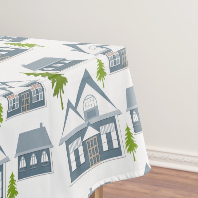 Christmas winter picture gray houses green trees w tablecloth (In Situ)