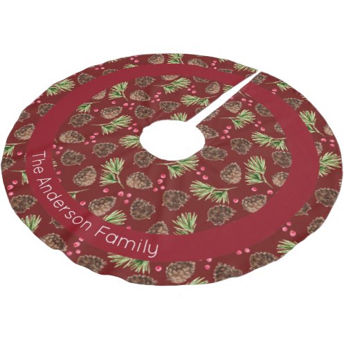 Christmas Winter Pine Needles Red Brushed Polyester Tree Skirt