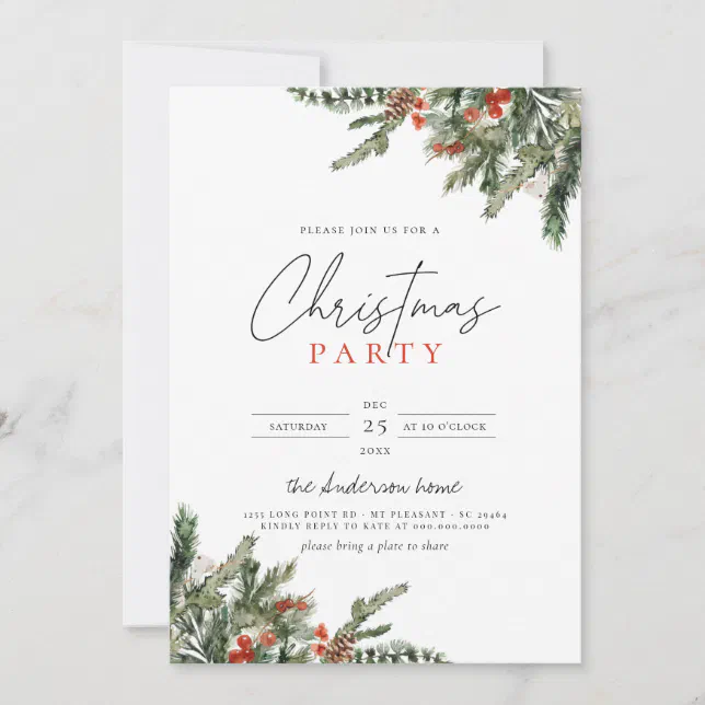 Christmas Winter Pine & Red Berries Holiday Party Invitation | Zazzle