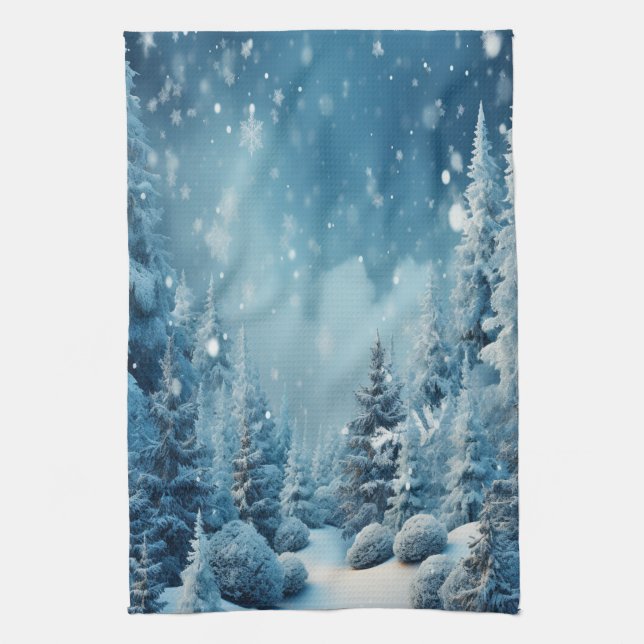 Christmas Winter Pine Tree Forest Snowing Kitchen Towel (Vertical)