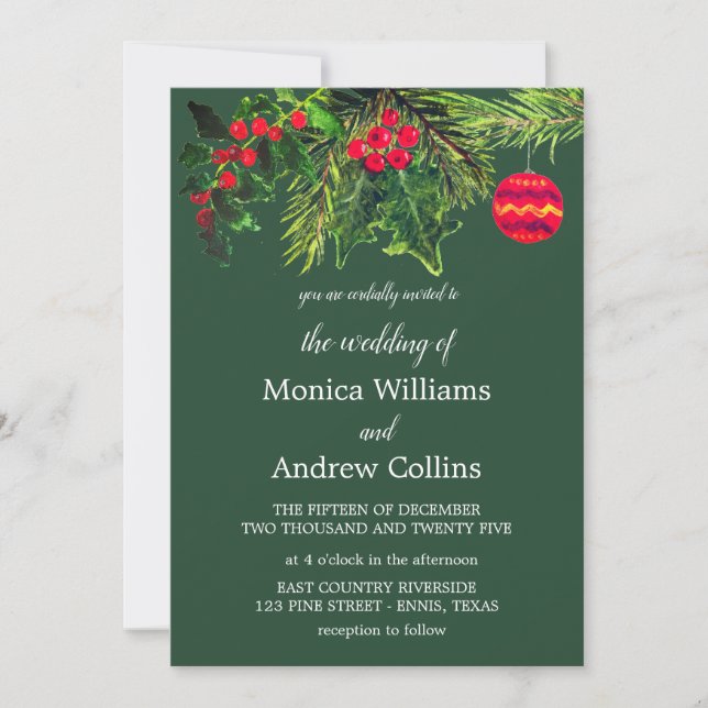 Christmas Winter Pine Tree Watercolor Wedding Invitation (Front)