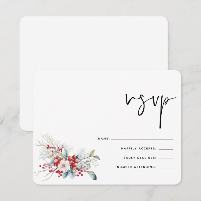 Christmas Winter Poinsettia Berries Wedding RSVP Card (Front/Back)