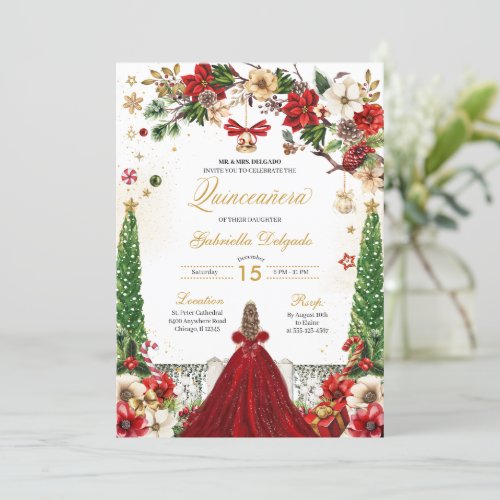 Christmas Winter Poinsettia Red Gold Quinceanera Invitation
