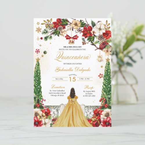 Christmas Winter Poinsettia Red Gold Quinceanera Invitation