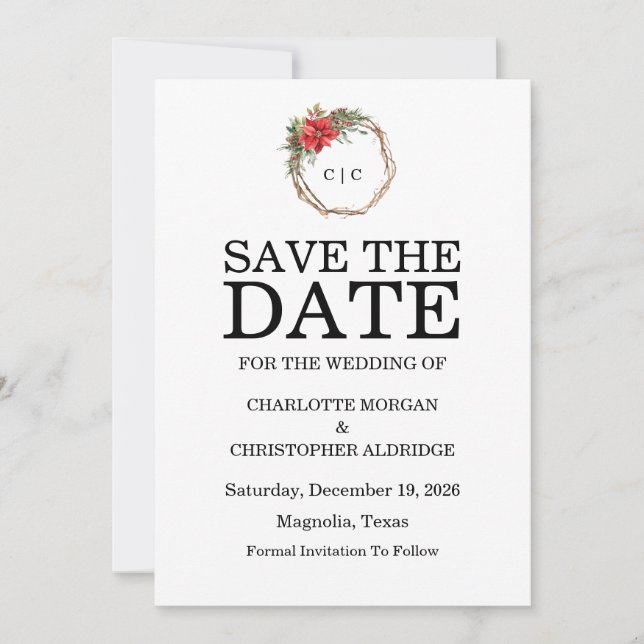 Christmas Winter Poinsettia Watercolor Save The Date (Front)