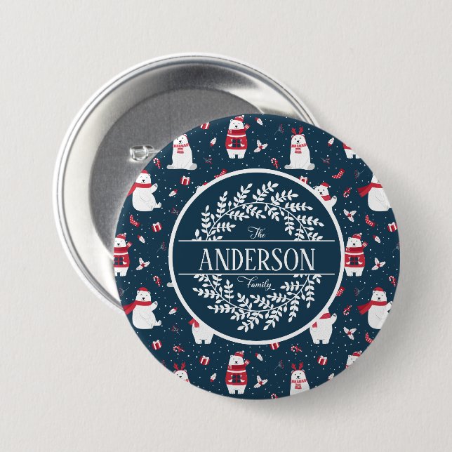 CHRISTMAS WINTER POLAR BEAR FAMILY MONOGRAM BUTTON (Front & Back)