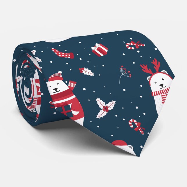 CHRISTMAS WINTER POLAR BEAR FAMILY MONOGRAM NECK TIE (Rolled)