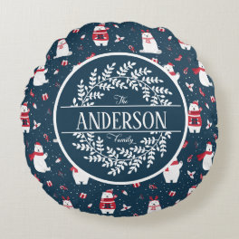 CHRISTMAS WINTER POLAR BEAR FAMILY MONOGRAM ROUND PILLOW