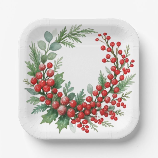 Christmas winter red berries with greenery paper plates (Front)