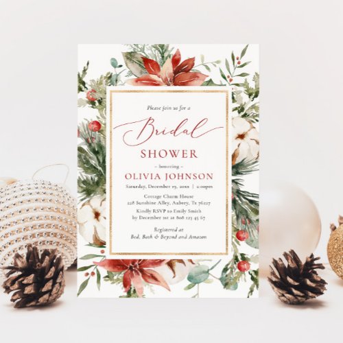 Christmas Winter Red Gold Greenery Bridal Shower Invitation