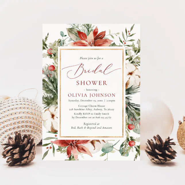 Christmas Winter Red Gold Greenery Bridal Shower Invitation | Zazzle
