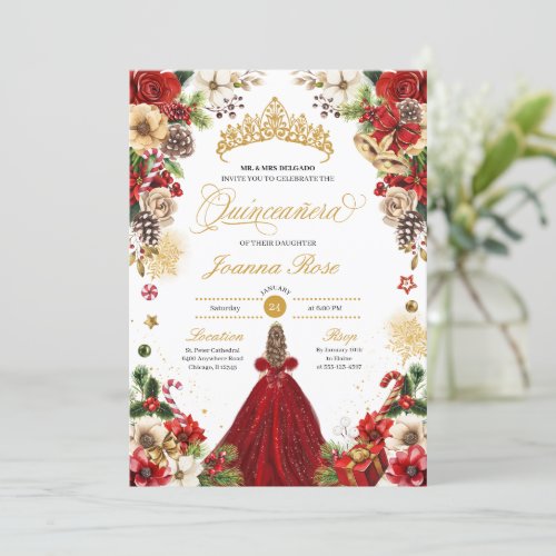 Christmas Winter Red  Gold Poinsettia Quinceanera Invitation