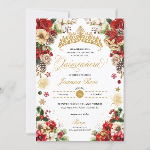 Christmas Winter Red  Gold Poinsettia Quinceanera Invitation