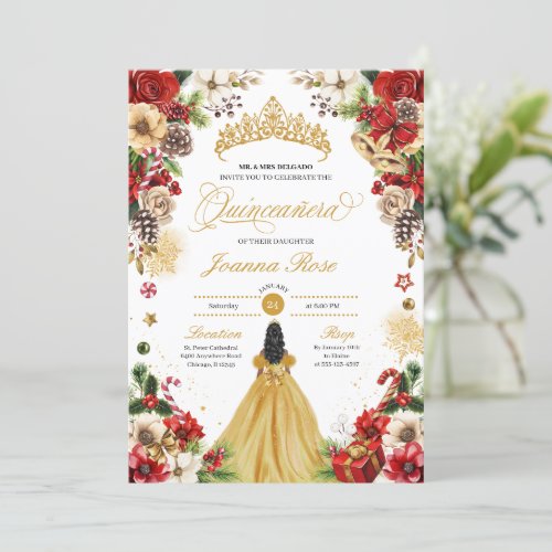 Christmas Winter Red  Gold Poinsettia Quinceanera Invitation