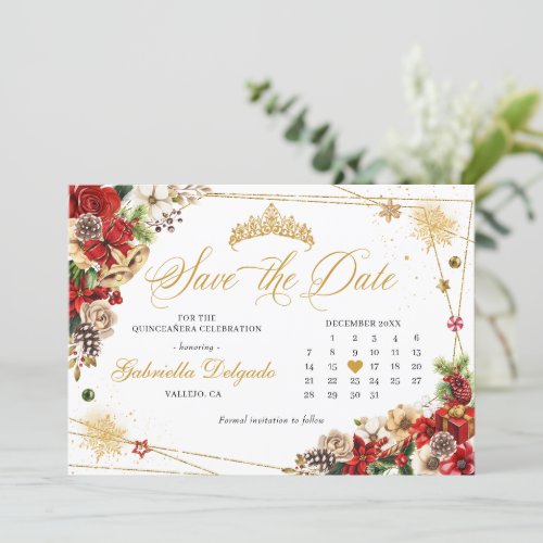 Christmas Winter Red Gold Poinsettia Save The Date Invitation