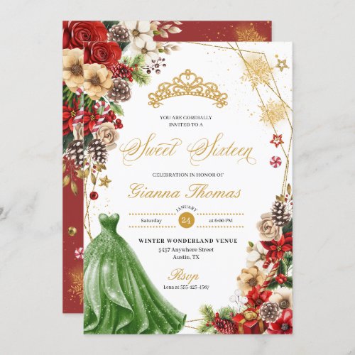 Christmas Winter Red  Gold Poinsettia Sweet 16 Invitation