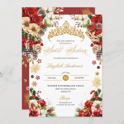 Christmas Winter Red  Gold Poinsettia Sweet 16 Invitation