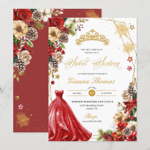 Christmas Winter Red & Gold Poinsettia Sweet 16 Invitation