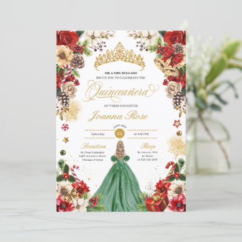 Christmas Winter Red Green Poinsettia Quinceanera Invitation