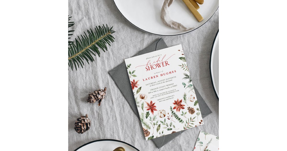 Christmas Winter Red Watercolor Bridal Shower Invitation | Zazzle