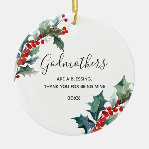 Christmas Winter Red Wreath Godmothers Gold Ceramic Ornament