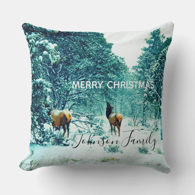 Christmas Winter Reindeer Forest Throw Pillow (Front)