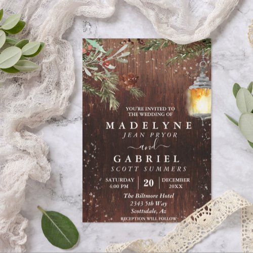 Christmas Winter Rustic Pine Drop Wood Wedding Invitation