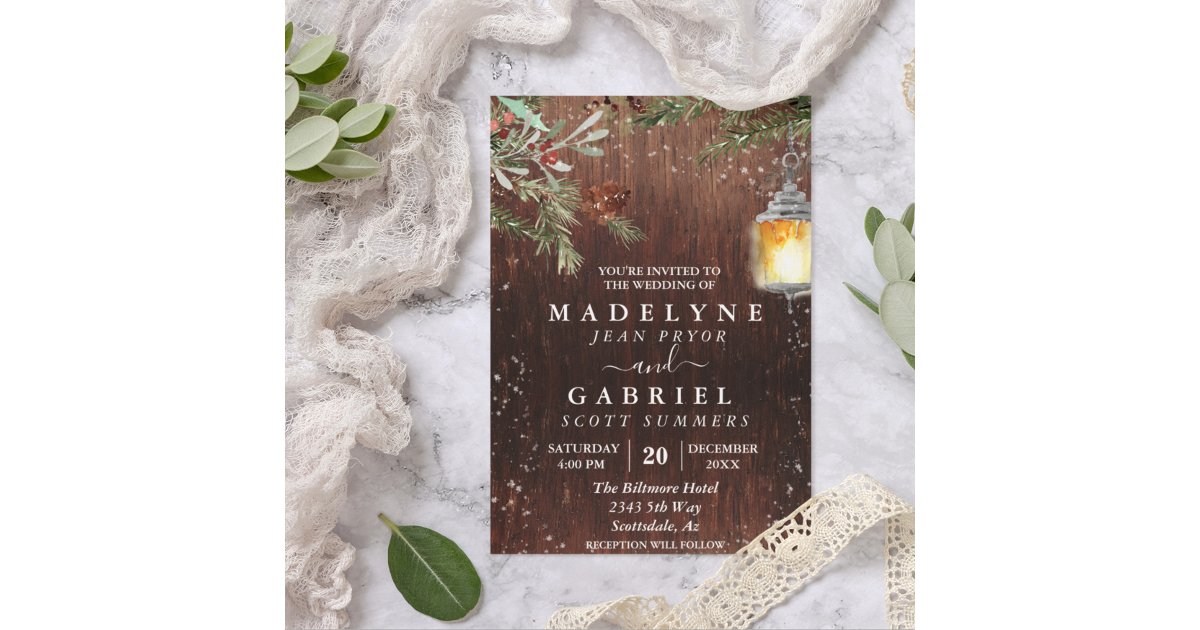 Christmas Winter Rustic Pine Drop Wood Wedding Invitation | Zazzle