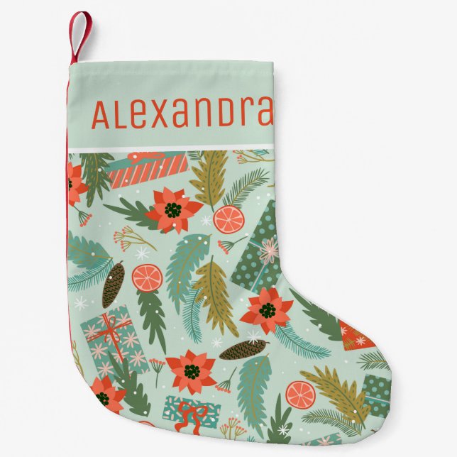 Christmas Winter Sage Green Red Poinsettia Name Small Christmas Stocking (Front)