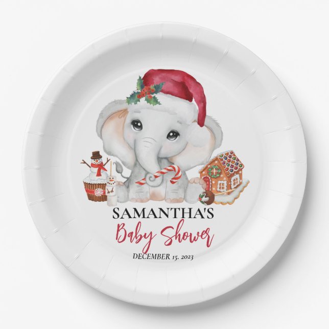 Christmas Winter Santa Baby Elephant Shower  Paper Plates (Front)
