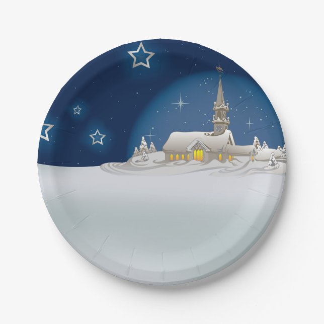Christmas Winter Scene Starry Night Paper Plates (Front)