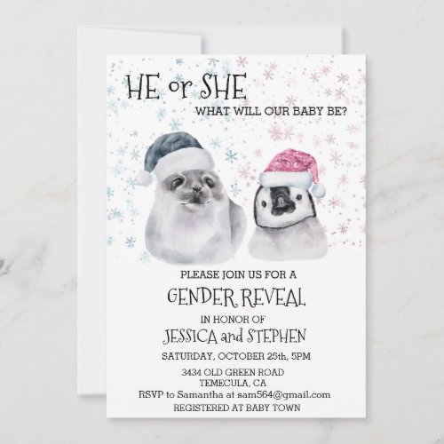 Christmas Winter Seal Penguin Gender Reveal Invitation