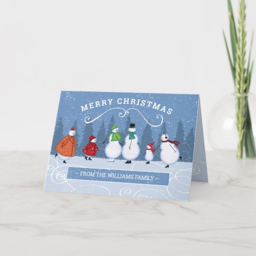 Christmas Winter Skating Snowman Family Name Holiday Card