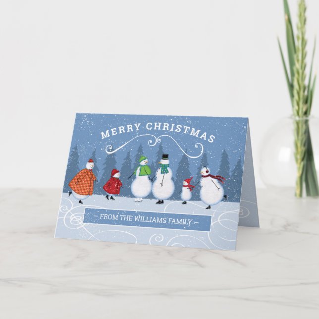 Christmas Winter Skating Snowman Family Name Holiday Card (Front)