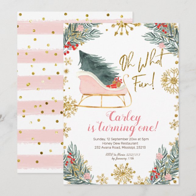 Christmas Winter Sleigh Oh What Fun First Birthday Invitation (Front/Back)