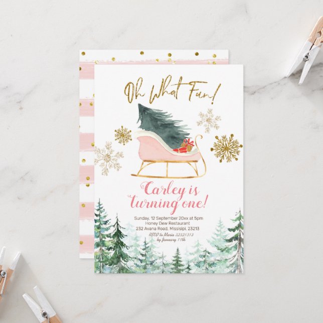 Christmas Winter Sleigh Oh What Fun First Birthday Invitation (Front/Back In Situ)
