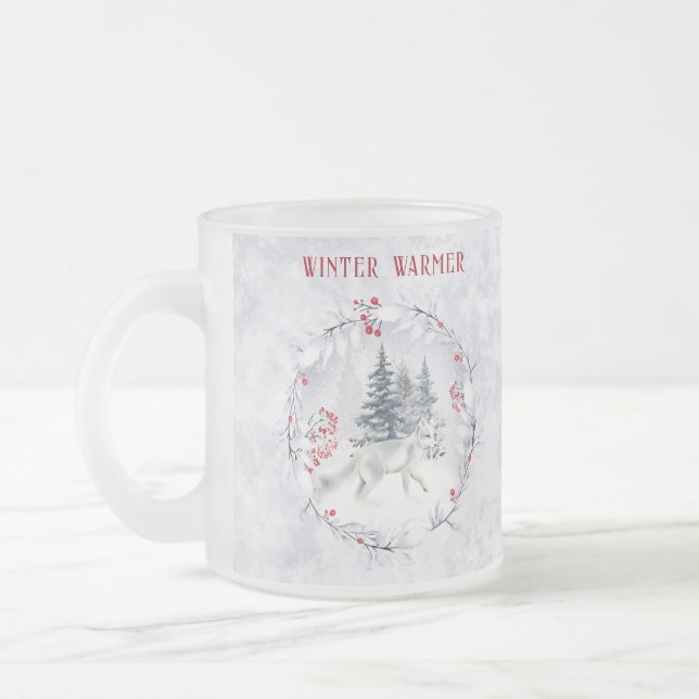 Christmas Winter Snow Arctic Fox Personalized Frosted Glass Coffee Mug (Left)