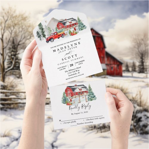 Christmas Winter Snow Barn Country Wedding   All In One Invitation