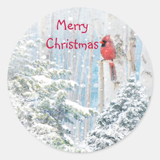 Christmas, Winter Snow Cardinal Red Bird Classic Round Sticker (Front)