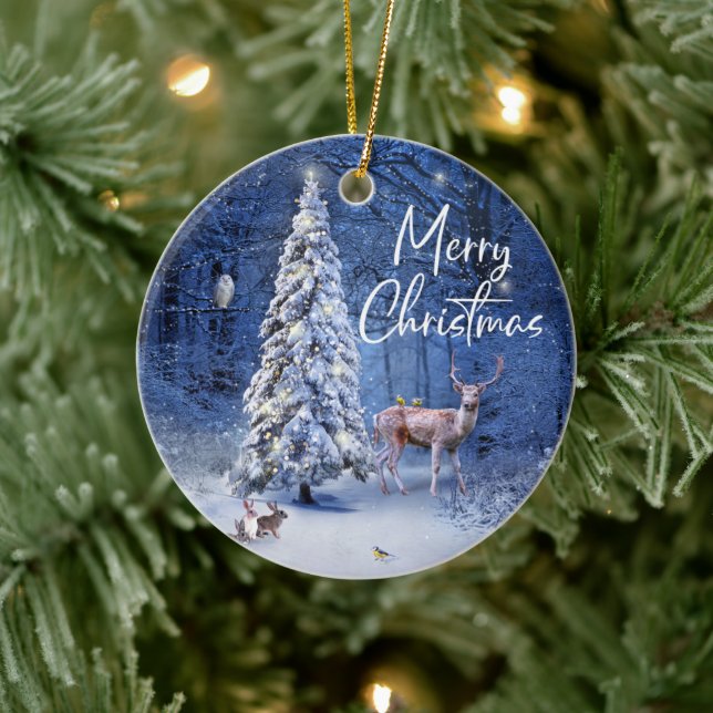 Christmas Winter Snow Covered Tree Lights  Ceramic Ornament (Tree)