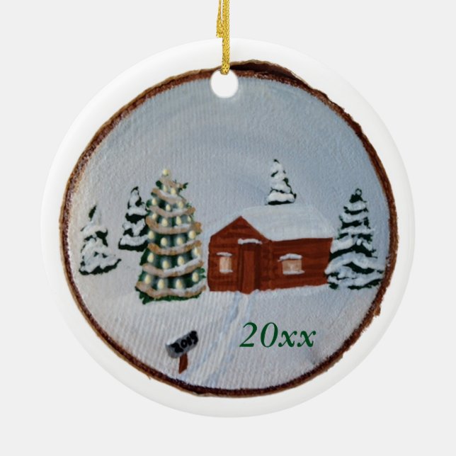 Christmas Winter Snow Scene Cabin Trees Ornaments (Back)