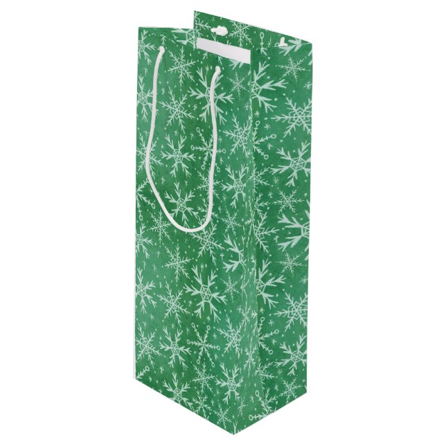 Christmas Winter Snow Snowflakes Falling Green Wine Gift Bag (Front Angled)